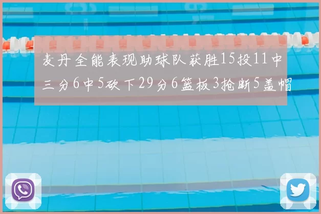 麦丹全能表现助球队获胜15投11中三分6中5砍下29分6篮板3抢断5盖帽